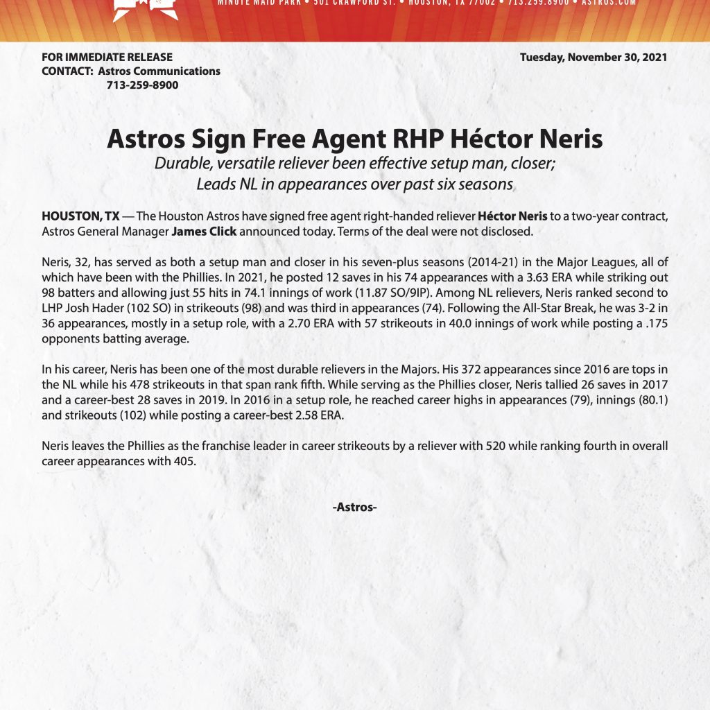 Comunicado en que Houston confirman el contrato con Neris