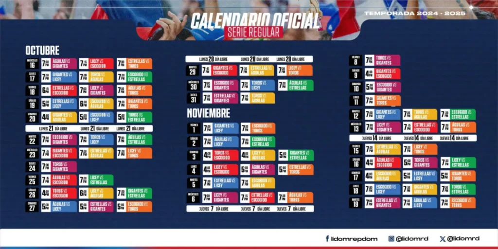 LIDOM 20242025 Calendario completo de la pelota invernal